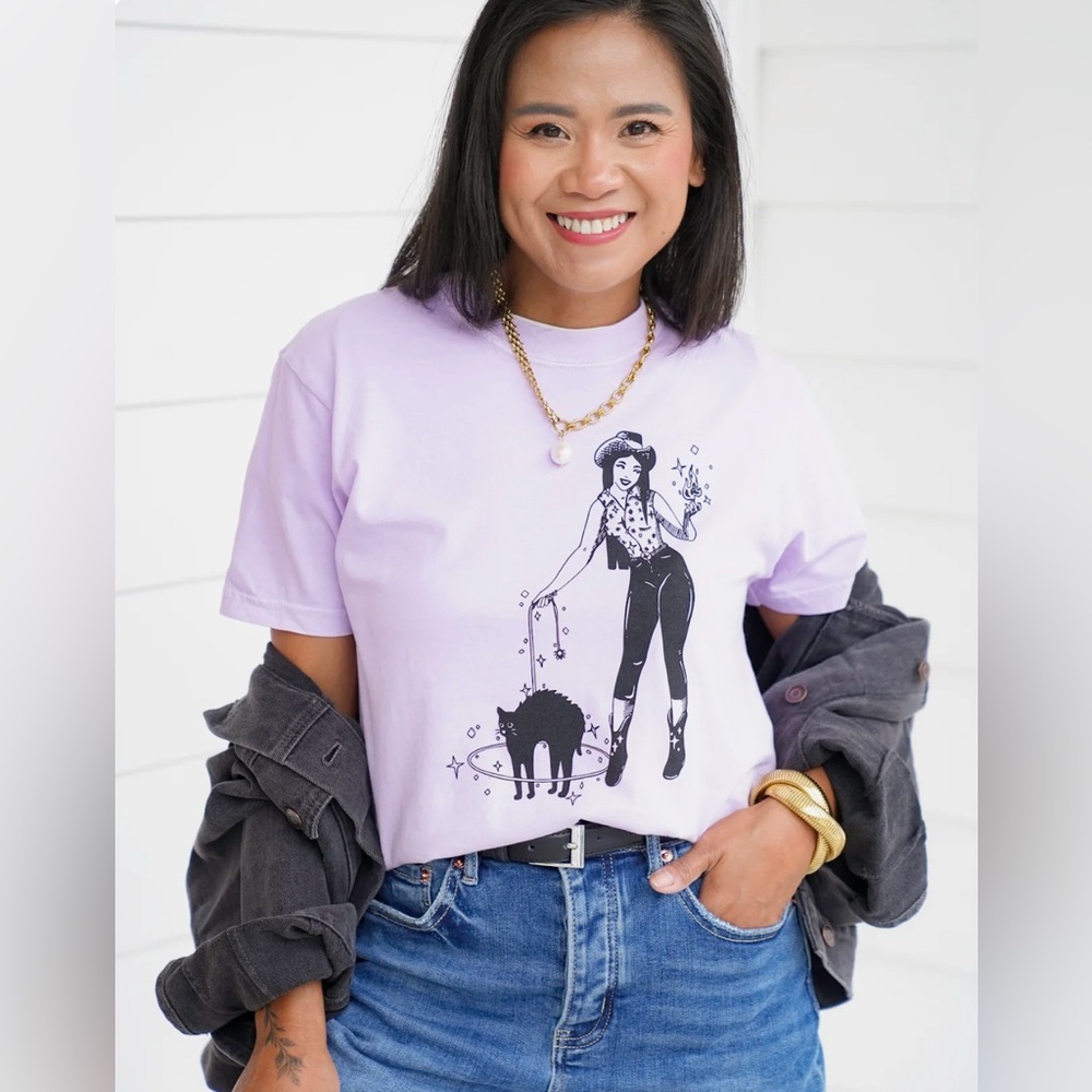 Halloween Cowgirl Black Cat Lavender Graphic Tee